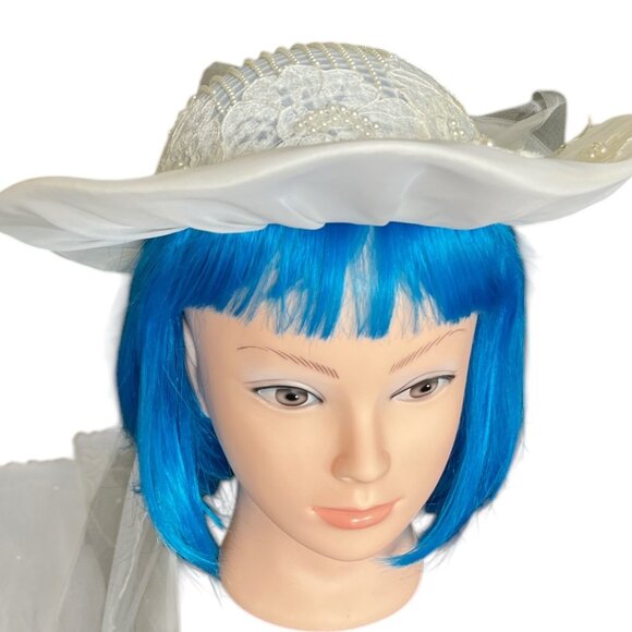 Bride Hat With Long Veil Vintage White With Pearl and Bling Beads Wedding Bridal - Picture 3 of 9